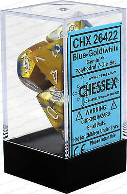 D7-Die Set Dice Gemini Polyhedral Blue-Gold/White (7 Dice in Display) - Cleric's Crypt