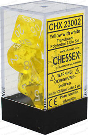 D7-Die Set Dice Translucent Polyhedral Yellow/White (7 Dice in Display) - Cleric's Crypt